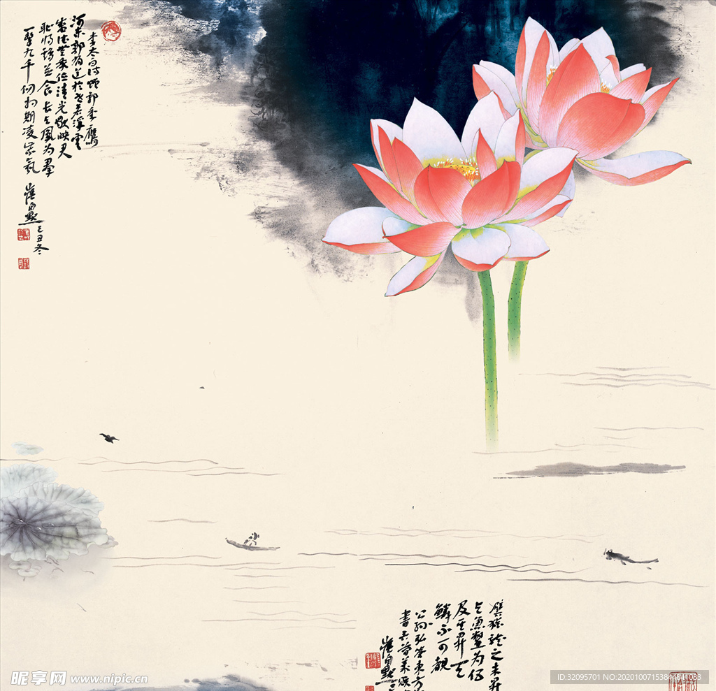 水墨山水 小船 荷花 背景墙