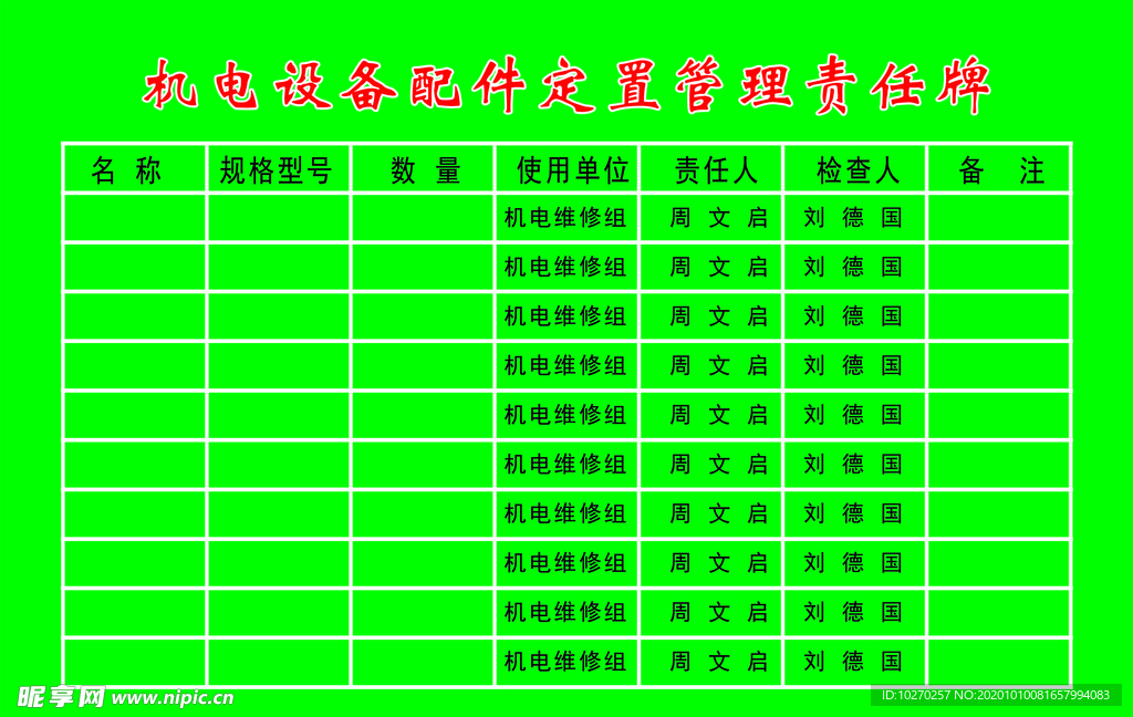 机电设施配件定置管理牌