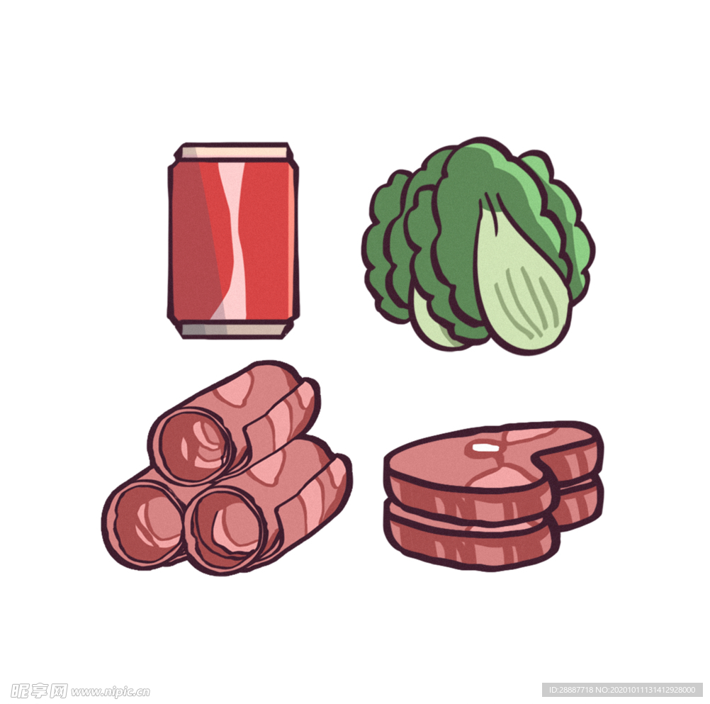 牛排肉卷蔬菜可乐手绘素材