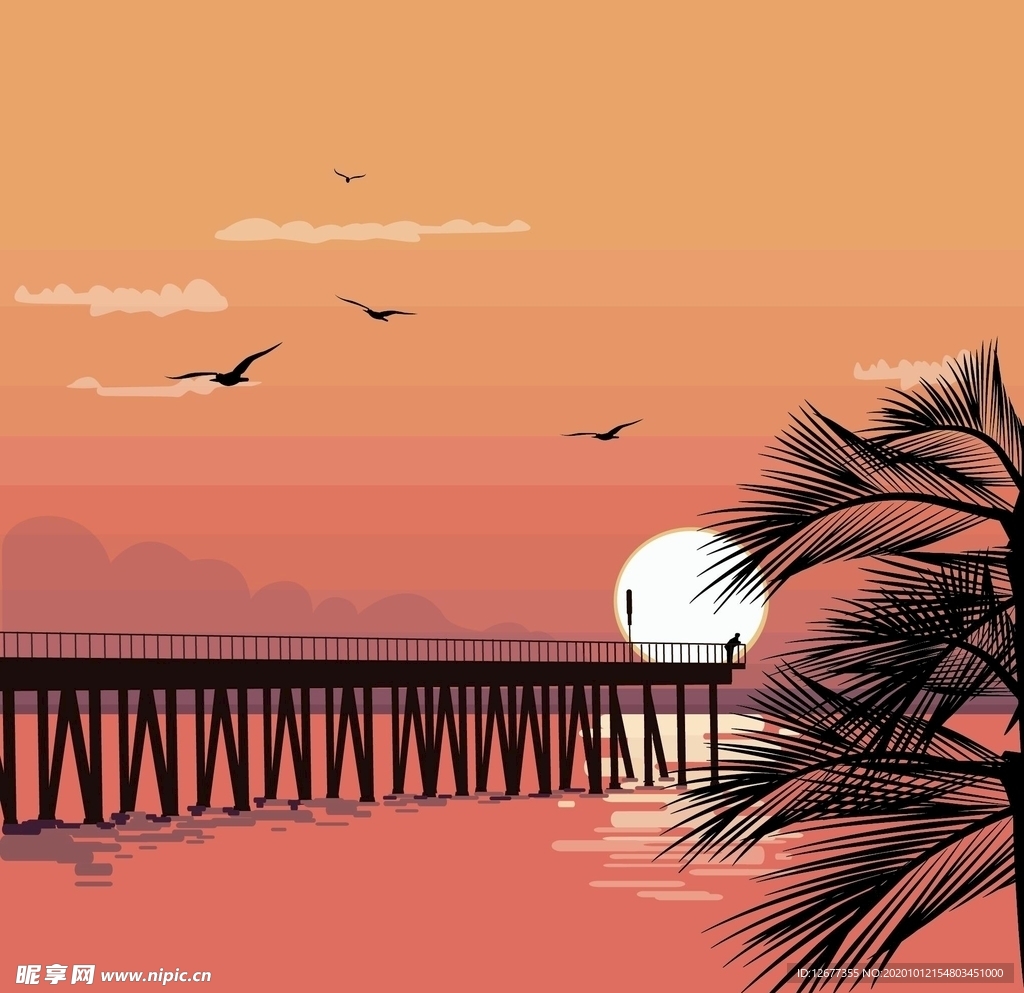 AI矢量卡通夕阳矢量图