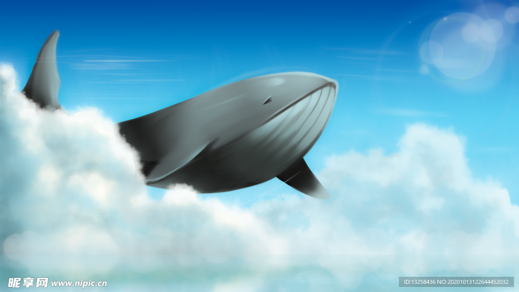 彩色动漫插画鲸鱼天空