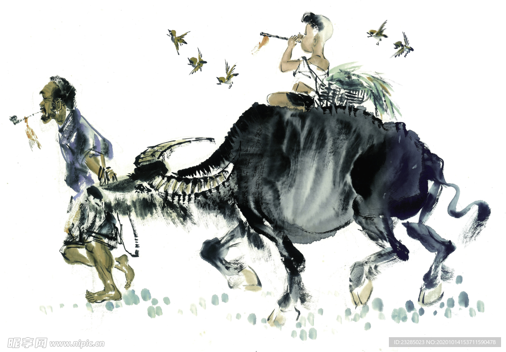 牧童骑牛 水墨画 高清图片