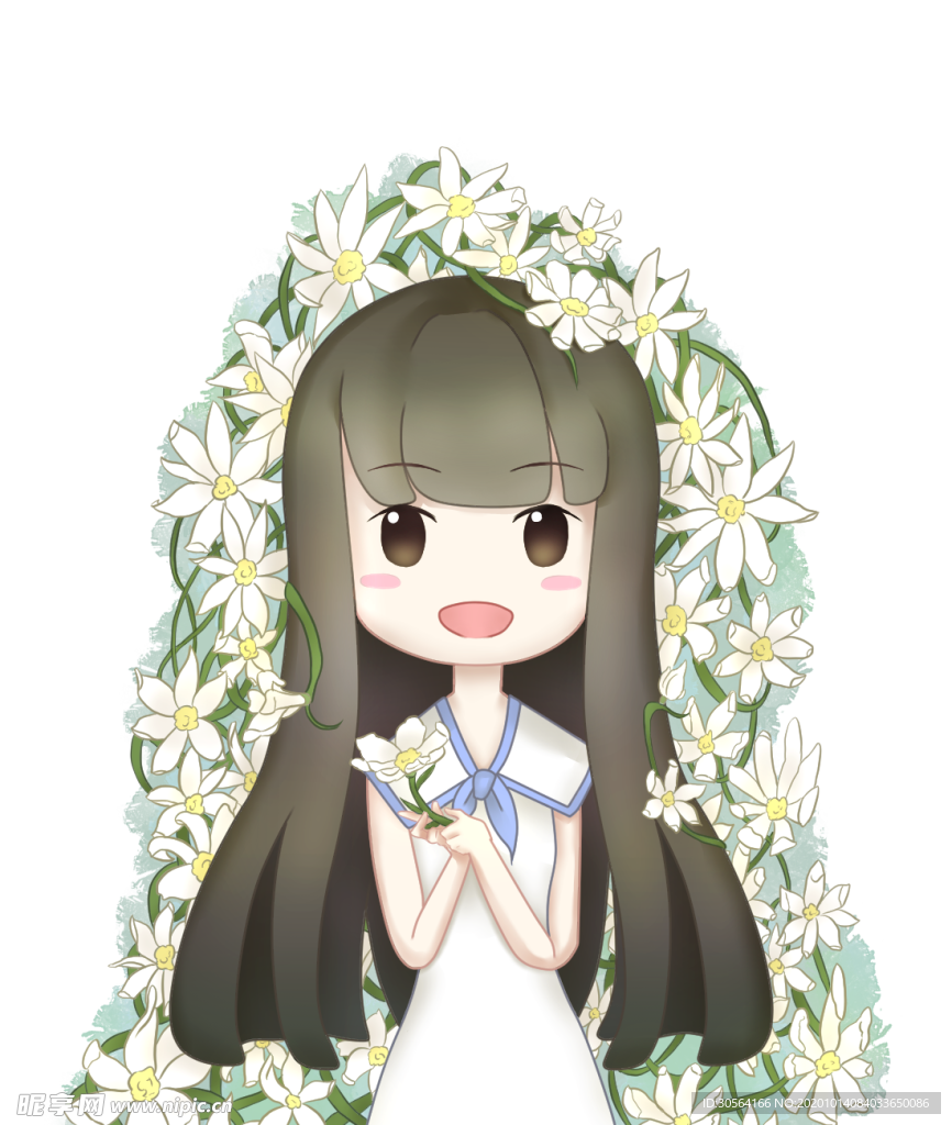 花中少女插画卡通海报素材