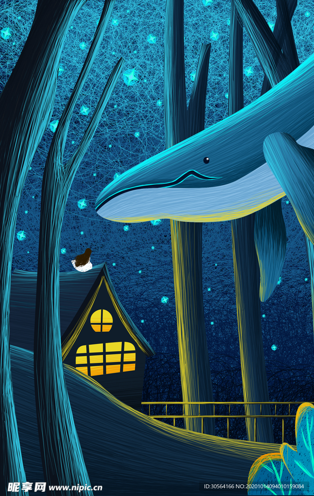 森林鲸鱼插画卡通海报素材