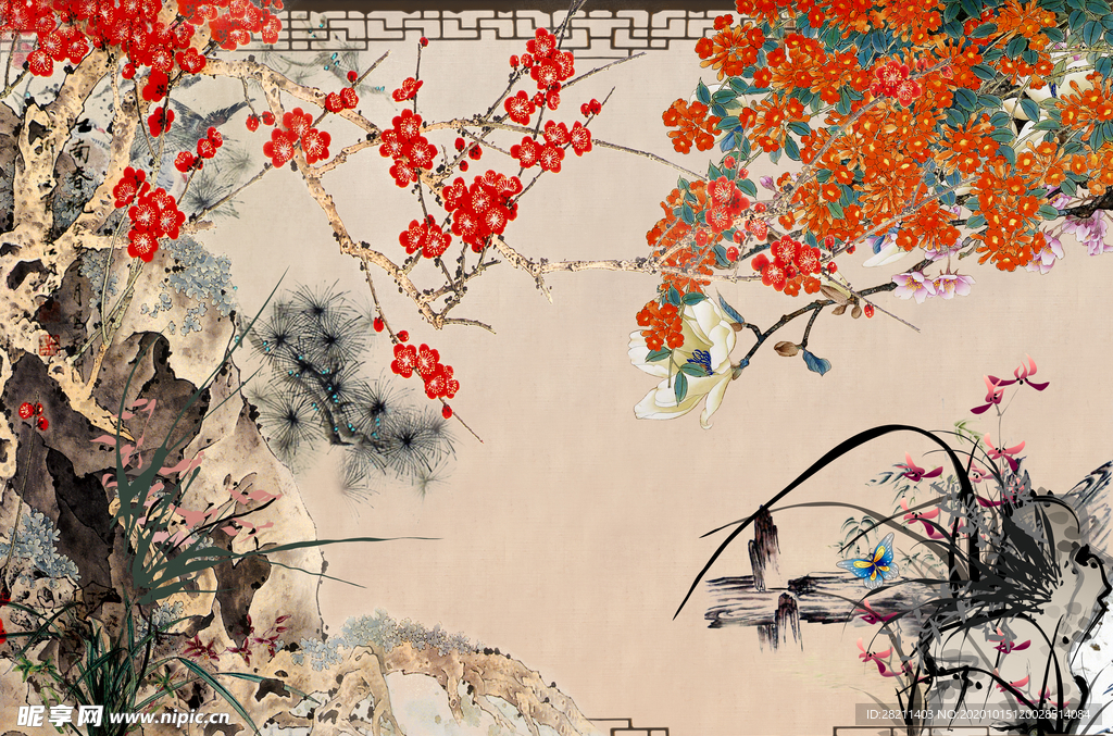 梅花山水画油墨画
