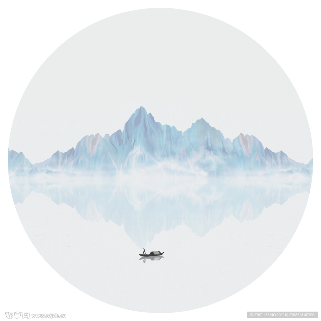 新中式淡蓝山水圆形装饰画