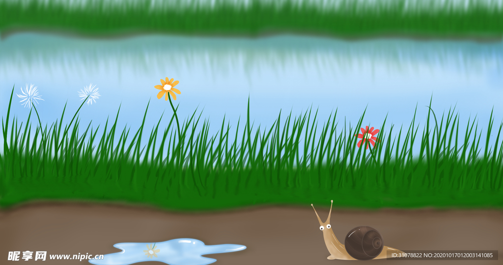 夏日池塘河边插画