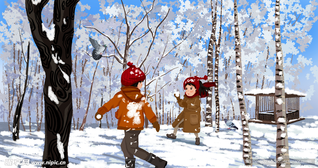 冬季树林雪景插画