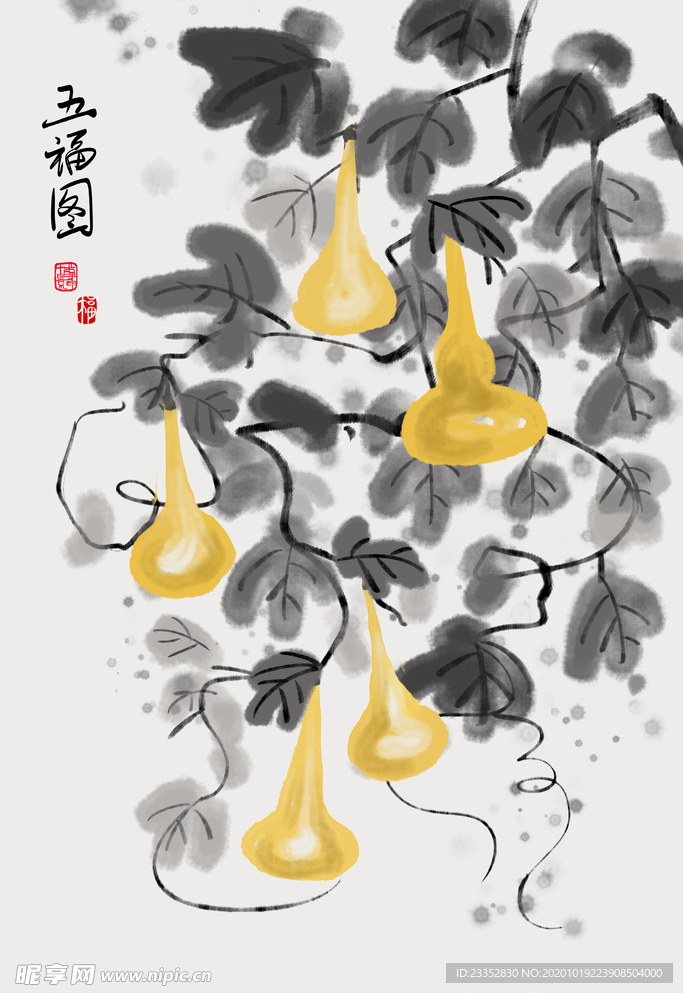 中式葫芦藤淡彩水墨画装饰画