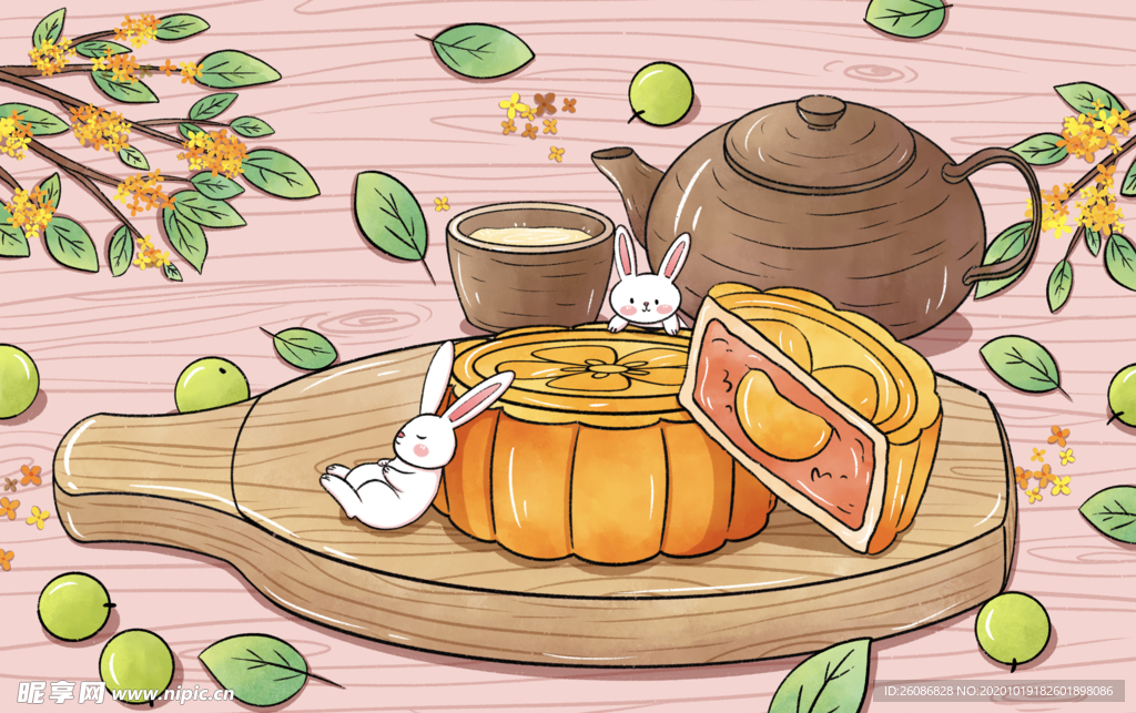 八月十五中秋节卡通月饼插画