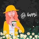 花丛中喝咖啡女子