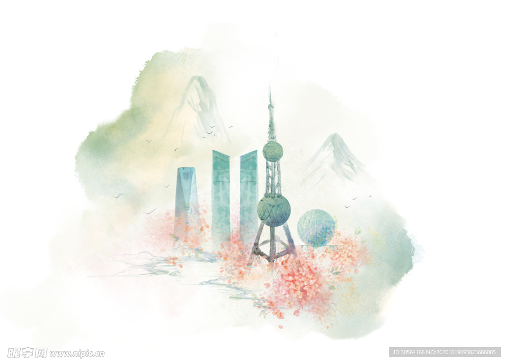 城市插画唯美背景海报素材