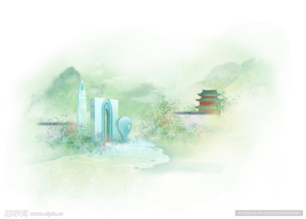 城市插画唯美背景海报素材