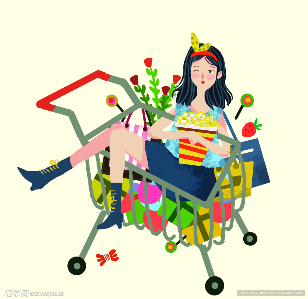 购物车里吃爆米花的女孩