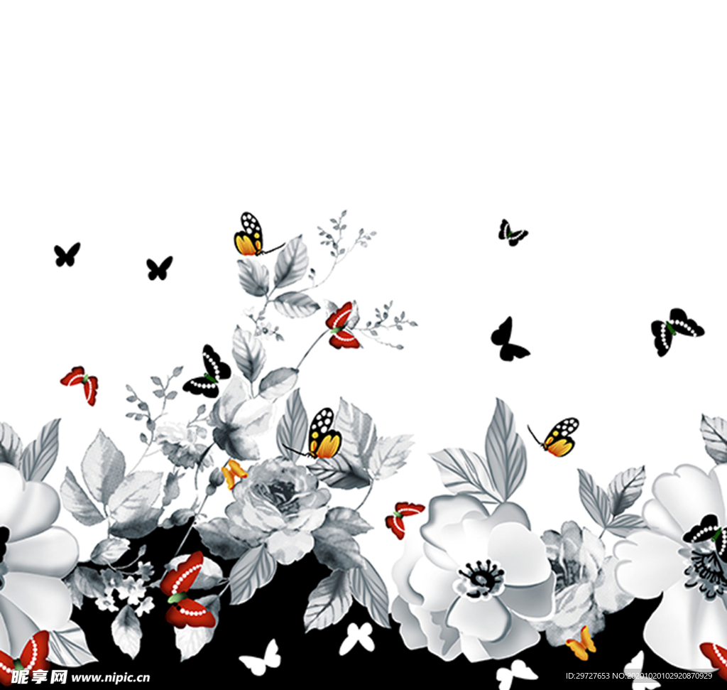 蝴蝶花 手绘花 黑白花