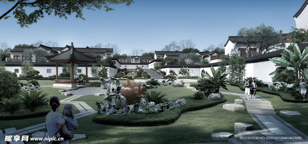 中式庭院建筑景观效果图