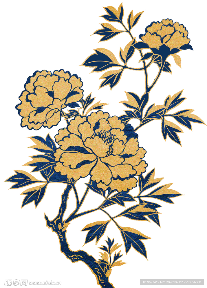 中式金色牡丹描边蓝色花叶子