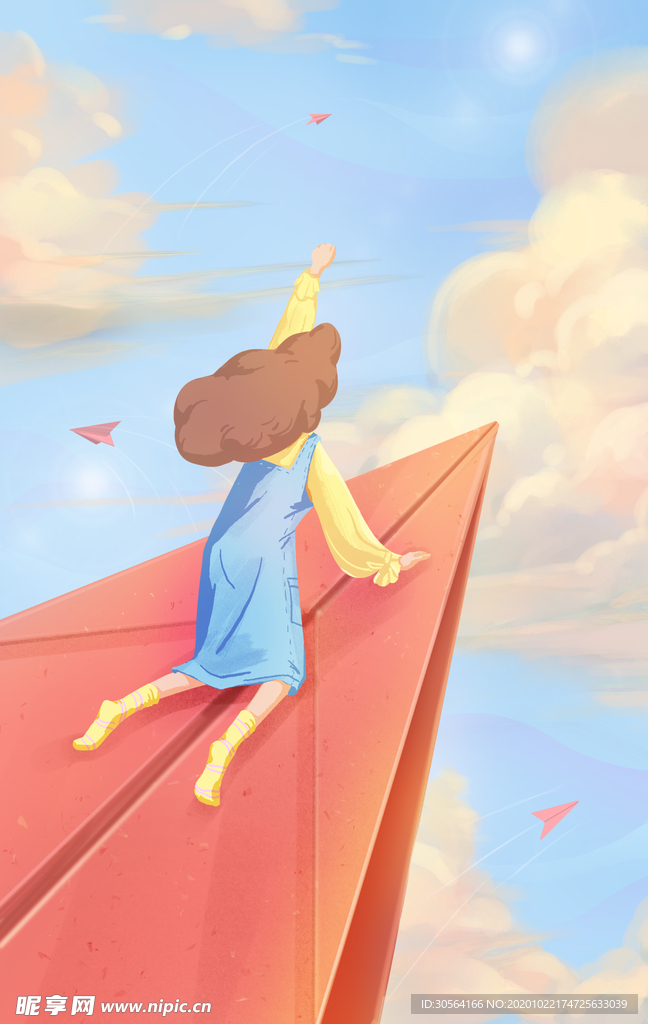 天空飞翔女孩插画背景海报素材