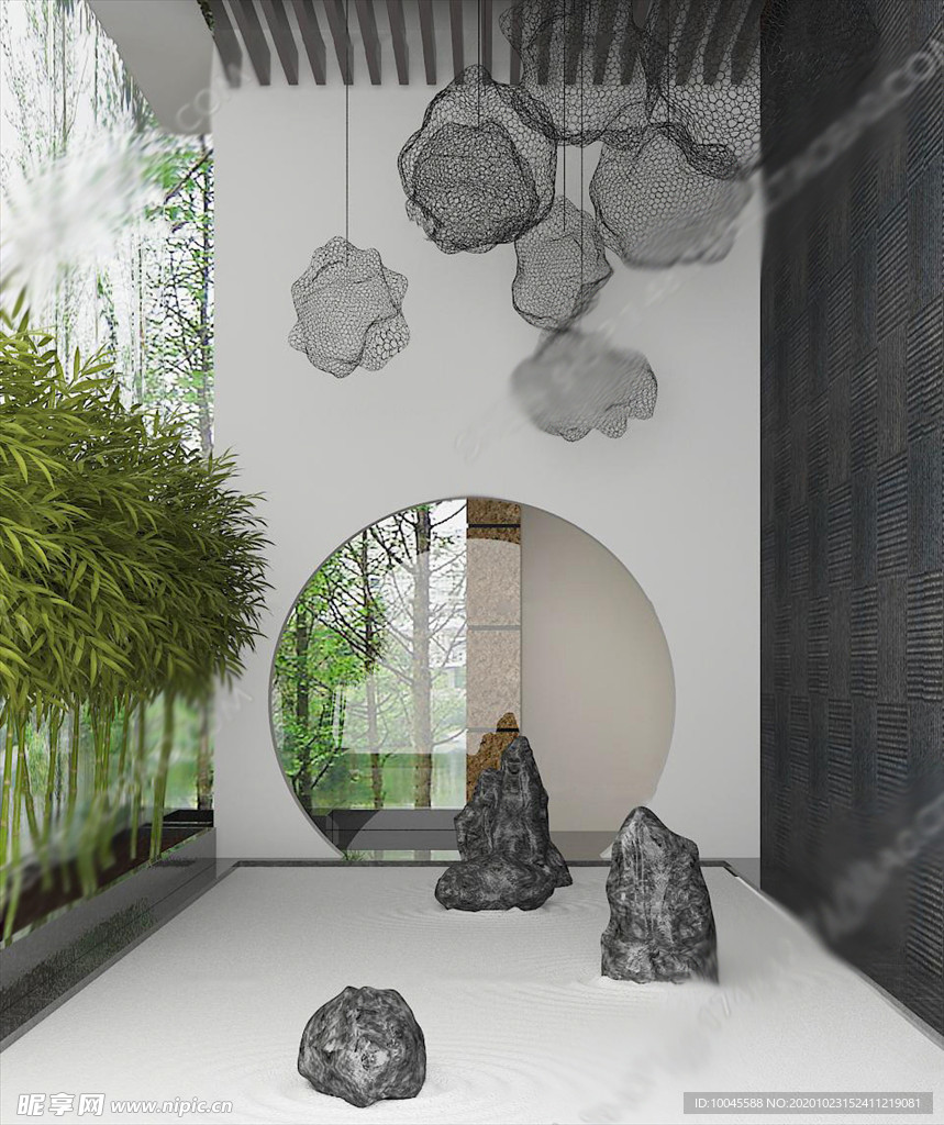 新中式太湖石植物吊灯组合3D模