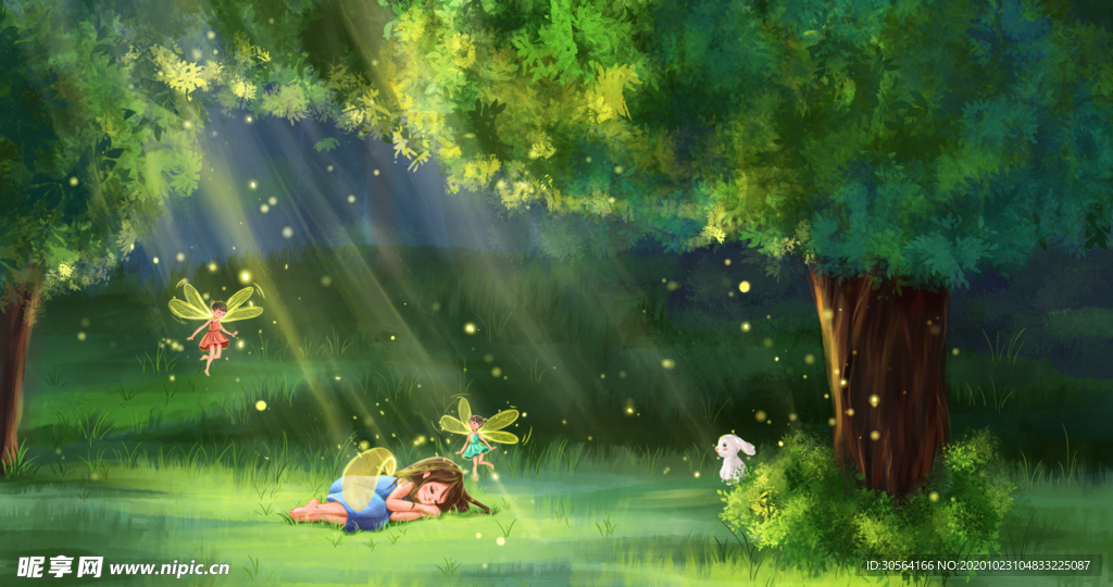 森林人物小女孩清新背景海报素材