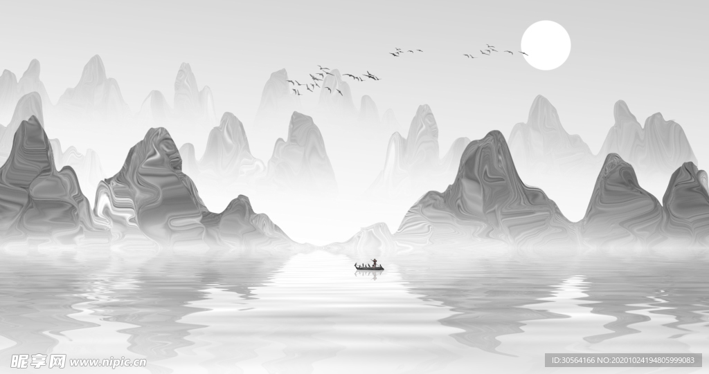 山水传统复古插画背景海报素材