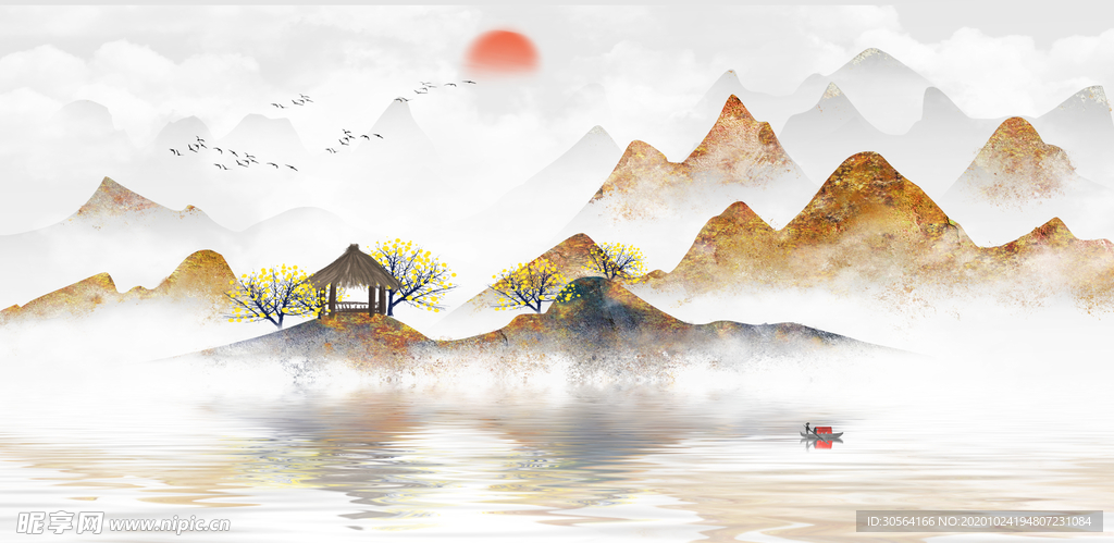 山水传统复古插画背景海报素材