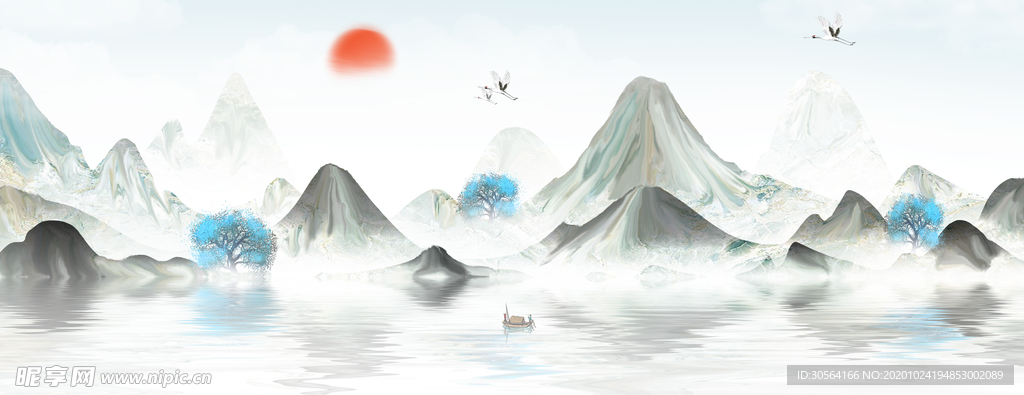 山水传统复古插画背景海报素材