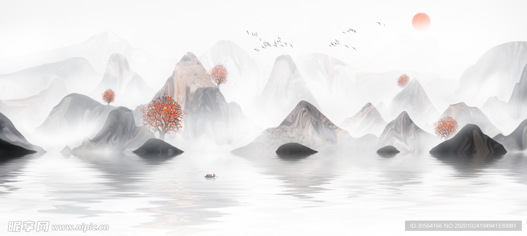 山水传统复古插画背景海报素材