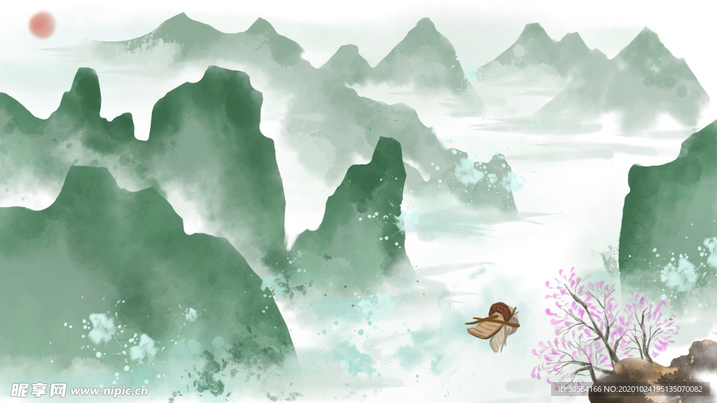 山水传统复古插画背景海报素材