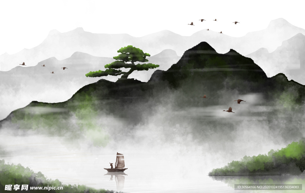 山水传统复古插画背景海报素材
