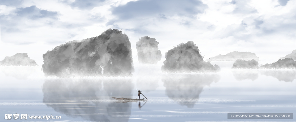 山水传统复古插画背景海报素材