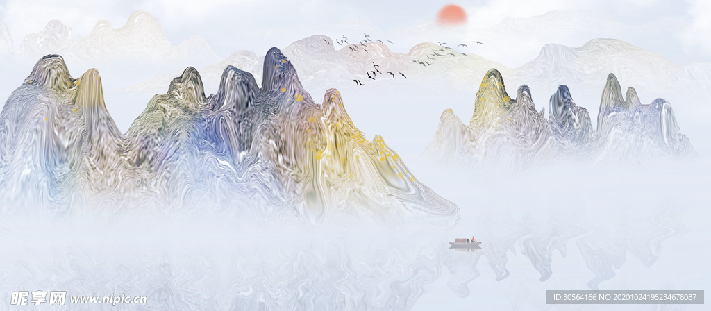 山水传统复古插画背景海报素材