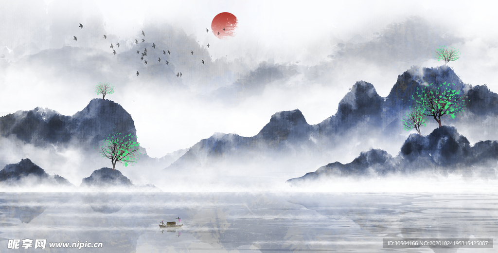 山水传统复古插画背景海报素材