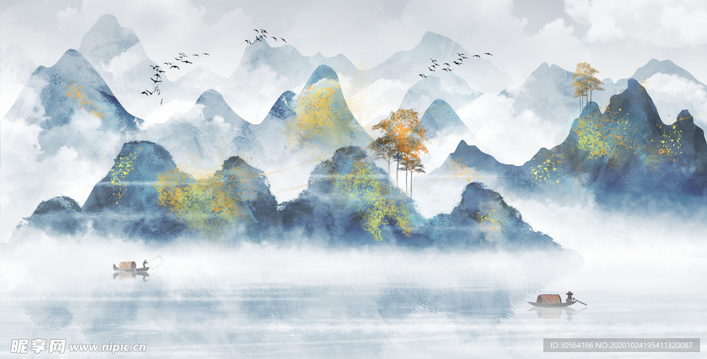 山水传统复古插画背景海报素材