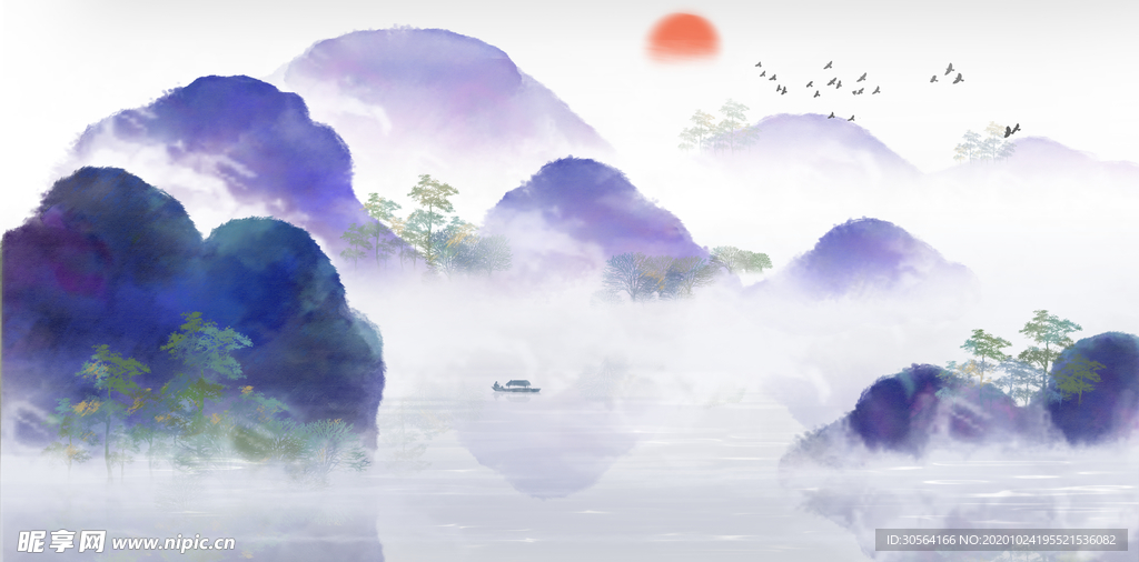山水传统复古插画背景海报素材