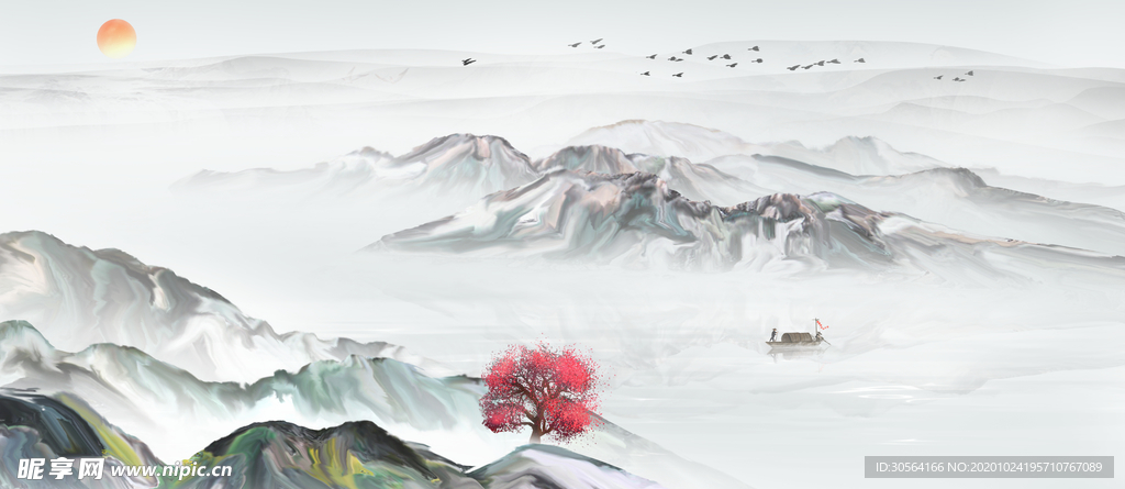 山水传统复古插画背景海报素材