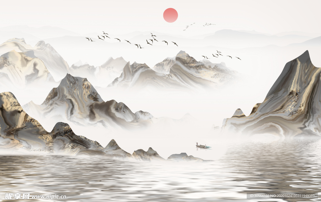 山水传统复古插画背景海报素材