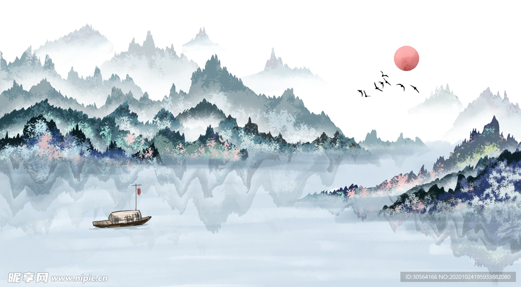 山水传统复古插画背景海报素材