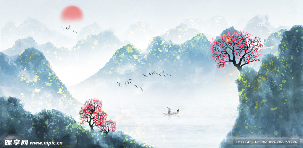 山水传统复古插画背景海报素材