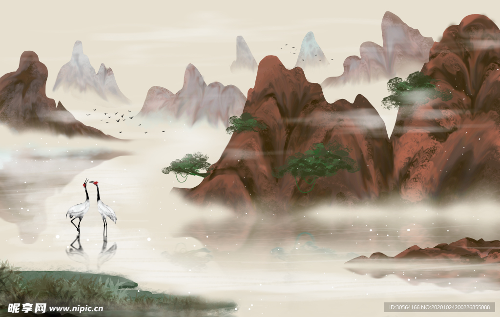 山水传统复古插画背景海报素材