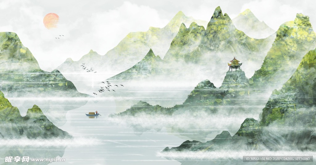山水传统复古插画背景海报素材