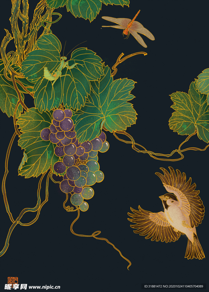 水果葡萄飞鸟插画