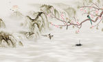 山水画 袁兰花 小船 背景墙