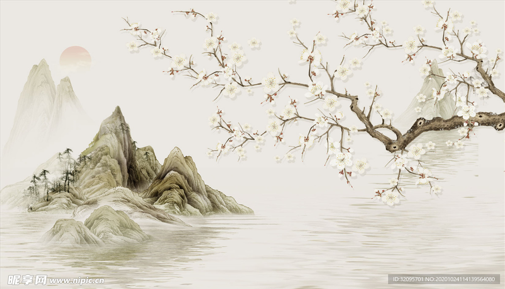 水墨山水 梅花 太阳 背景墙
