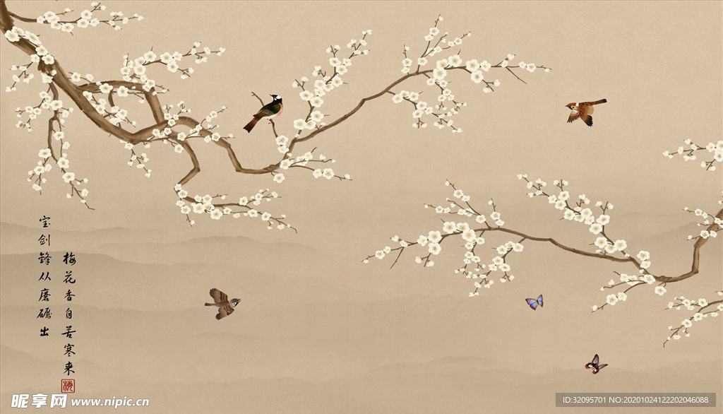花鸟画 梅花 背景墙