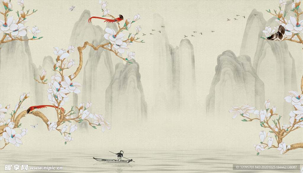 水墨山水 玉兰 小船 背景墙