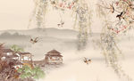 水墨画 垂柳 飞鸟 亭 背景墙