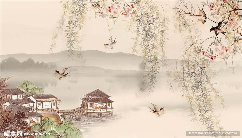 水墨画 垂柳 飞鸟 亭 背景墙