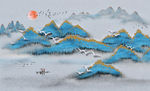 水墨山水 小船 鸽子 太阳