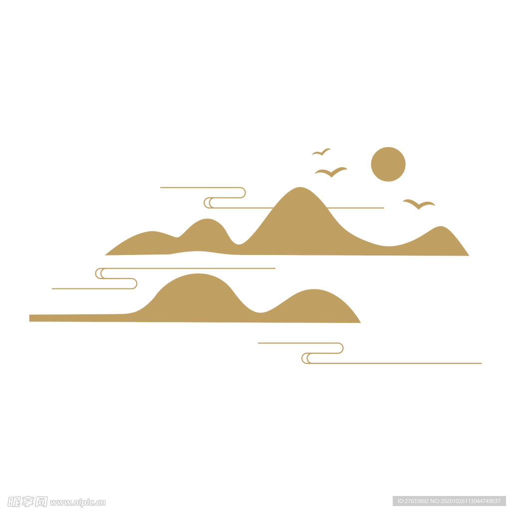 矢量中国风古典意境山纹祥云飞鸟